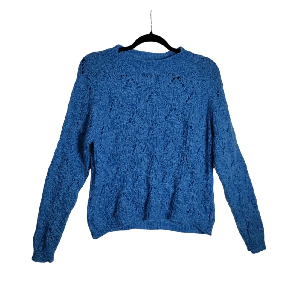 Elsamanda Italy Blue Mohair Blend Pointelle Knit Crewneck Sweater Small
